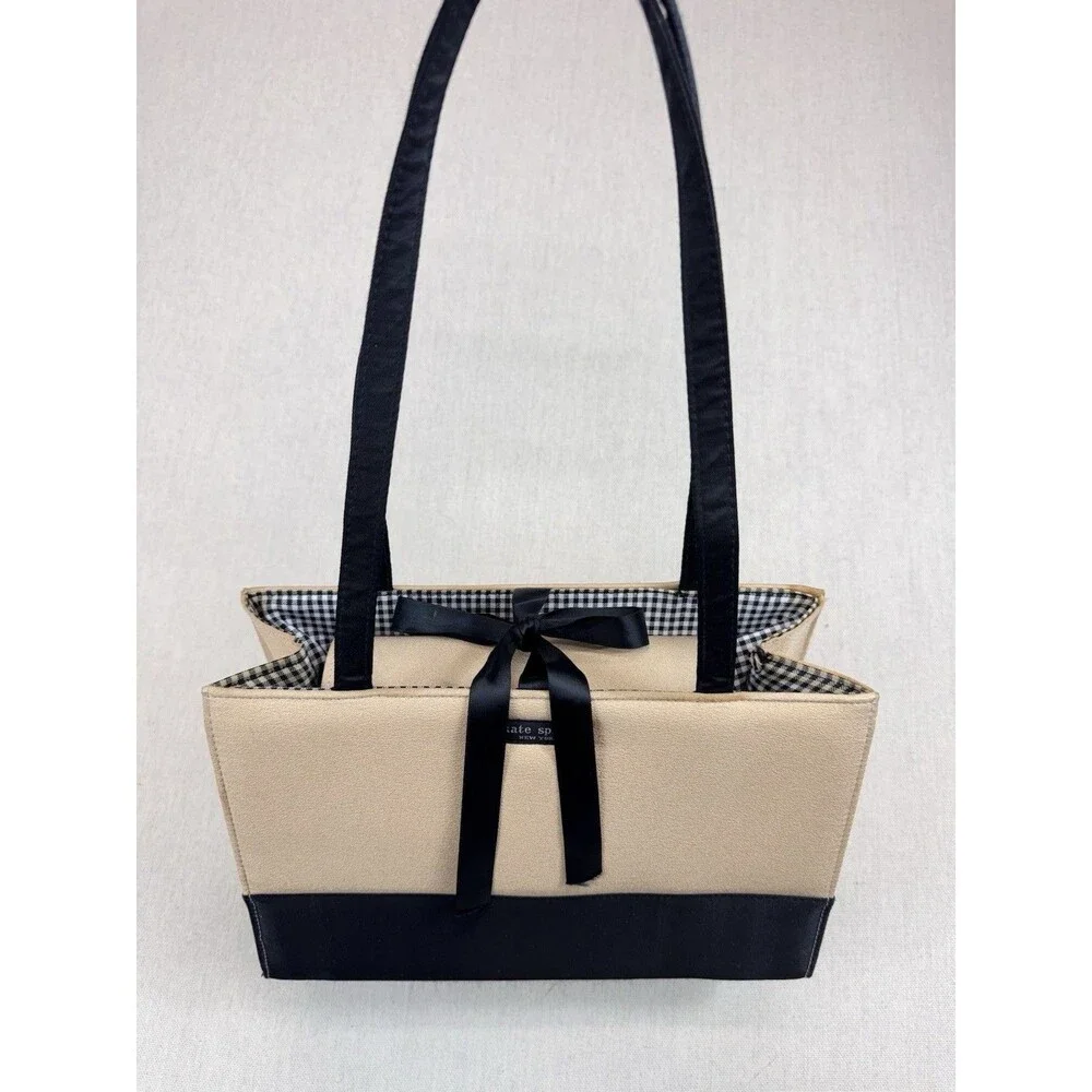 Kate Spade New York Gold Black Tote Bag & Gingham Zip Pouch Bow Canvas Large